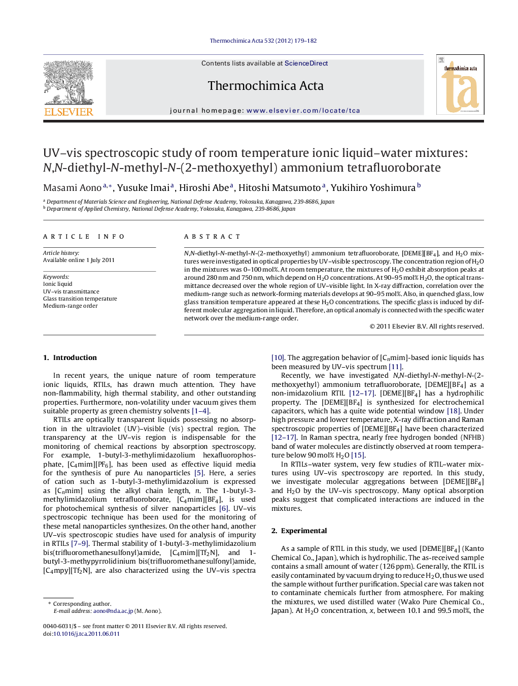 UV–vis spectroscopic study of room temperature ionic liquid–water mixtures: N,N-diethyl-N-methyl-N-(2-methoxyethyl) ammonium tetrafluoroborate