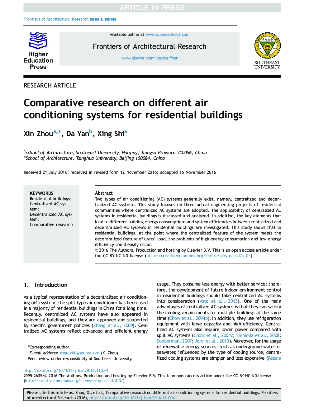 Comparative research on different air conditioning systems for residential buildings