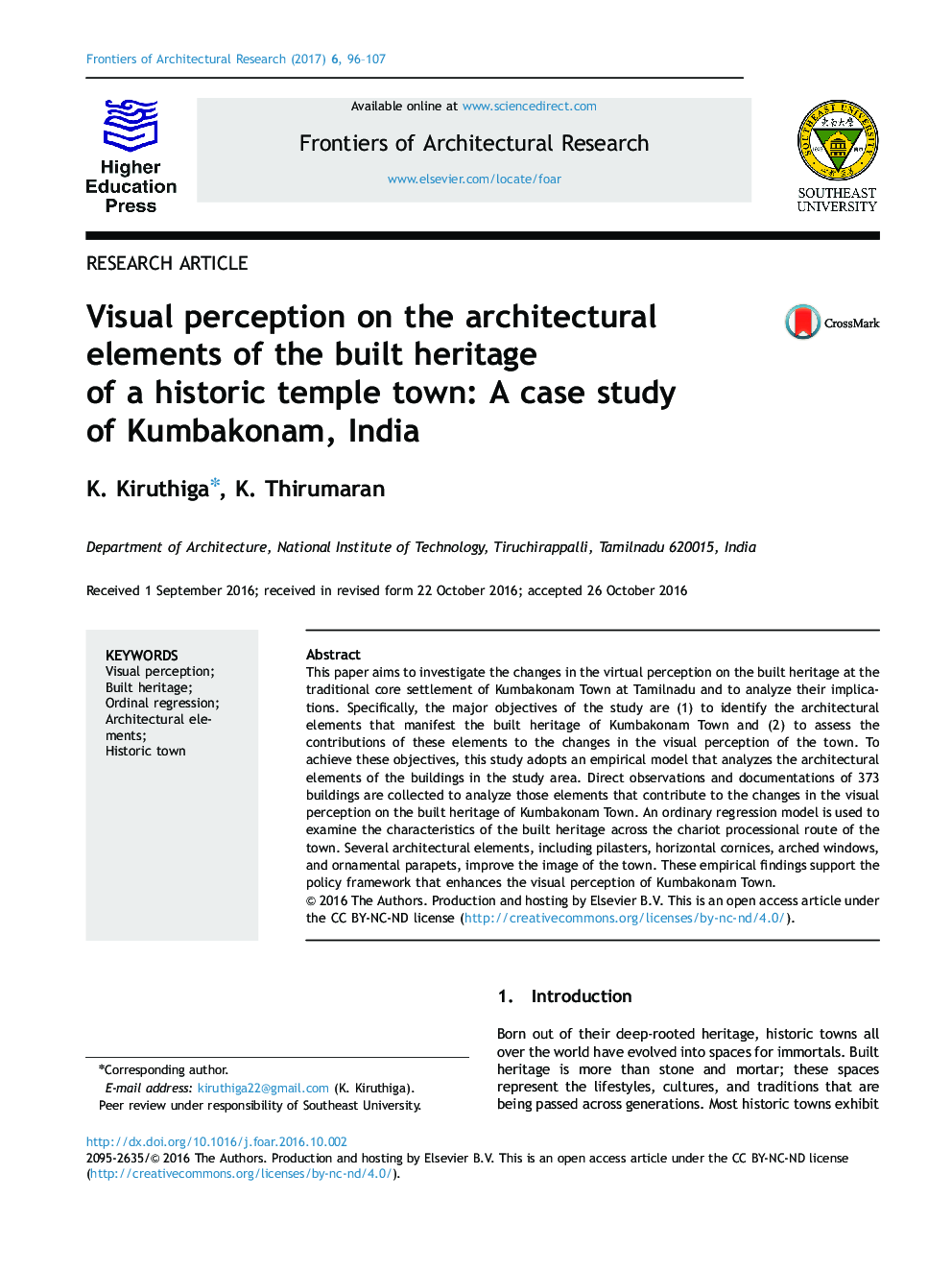 Visual perception on the architectural elements of the built heritage of a historic temple town: A case study of Kumbakonam, India