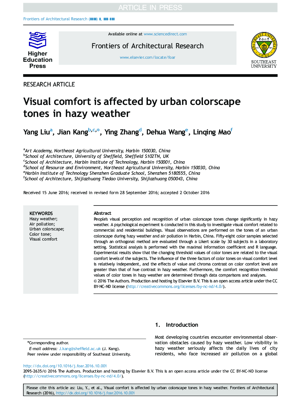 Visual comfort is affected by urban colorscape tones in hazy weather