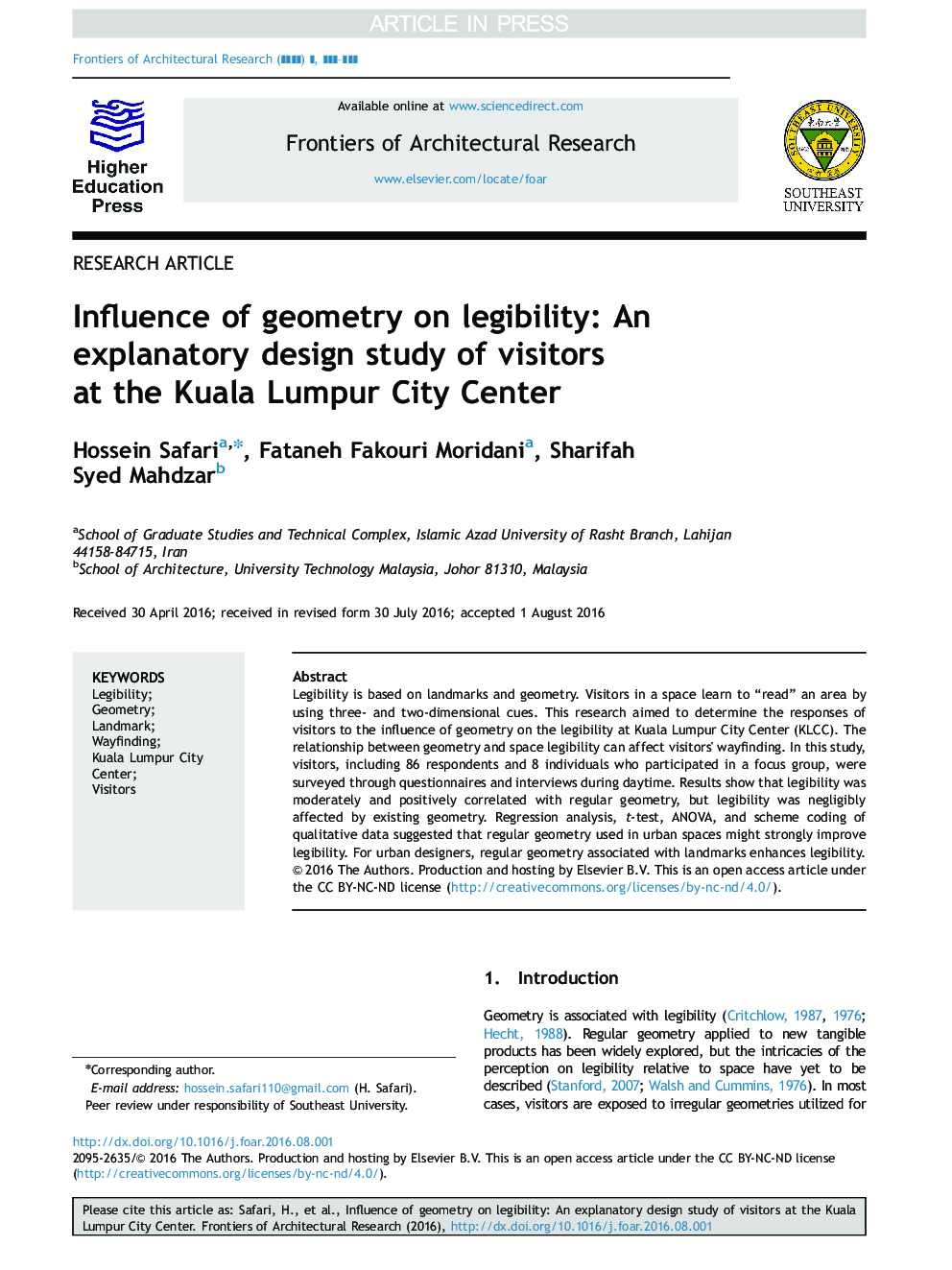 Influence of geometry on legibility: An explanatory design study of visitors at the Kuala Lumpur City Center