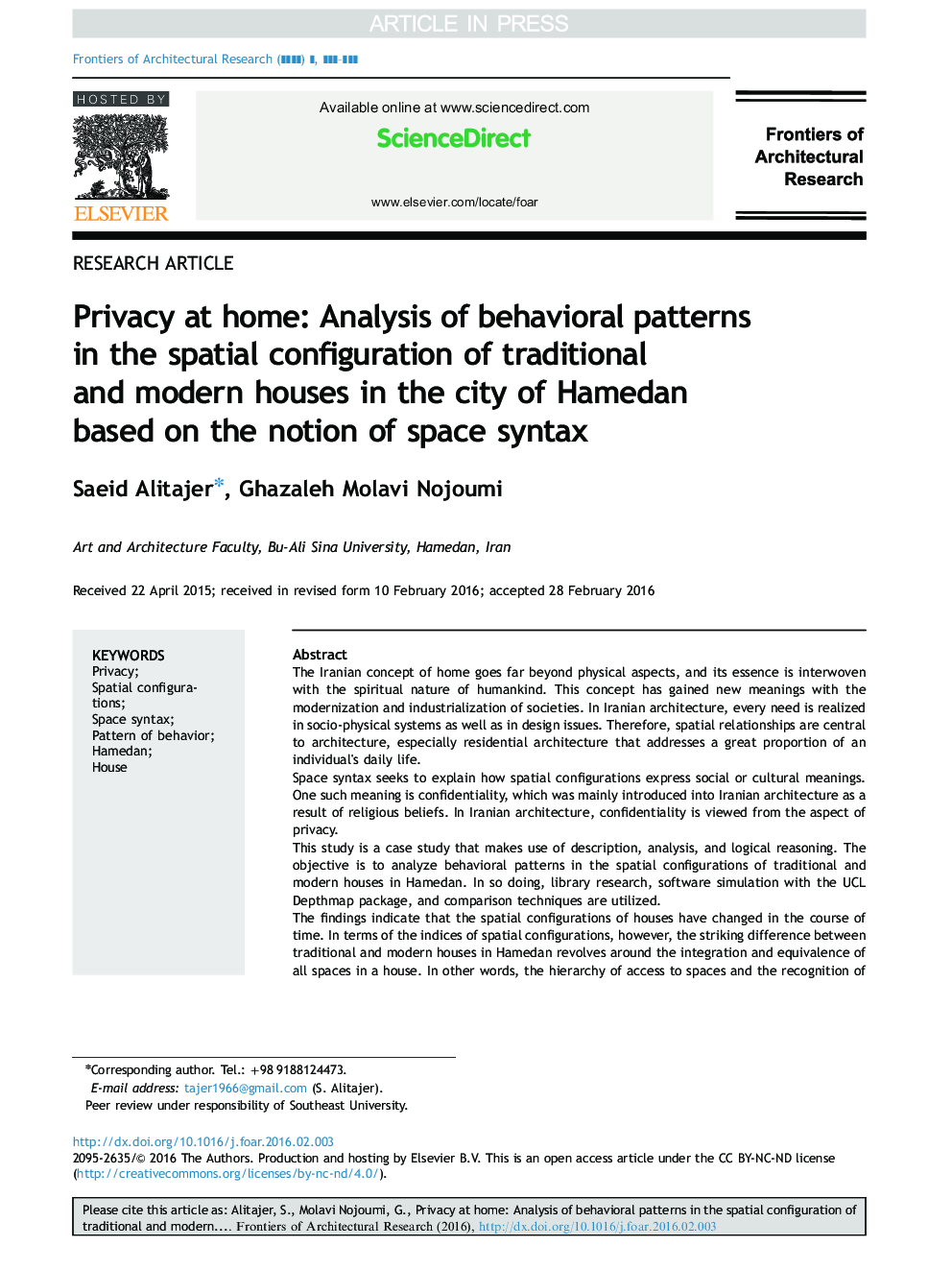 Privacy at home: Analysis of behavioral patterns in the spatial configuration of traditional and modern houses in the city of Hamedan based on the notion of space syntax