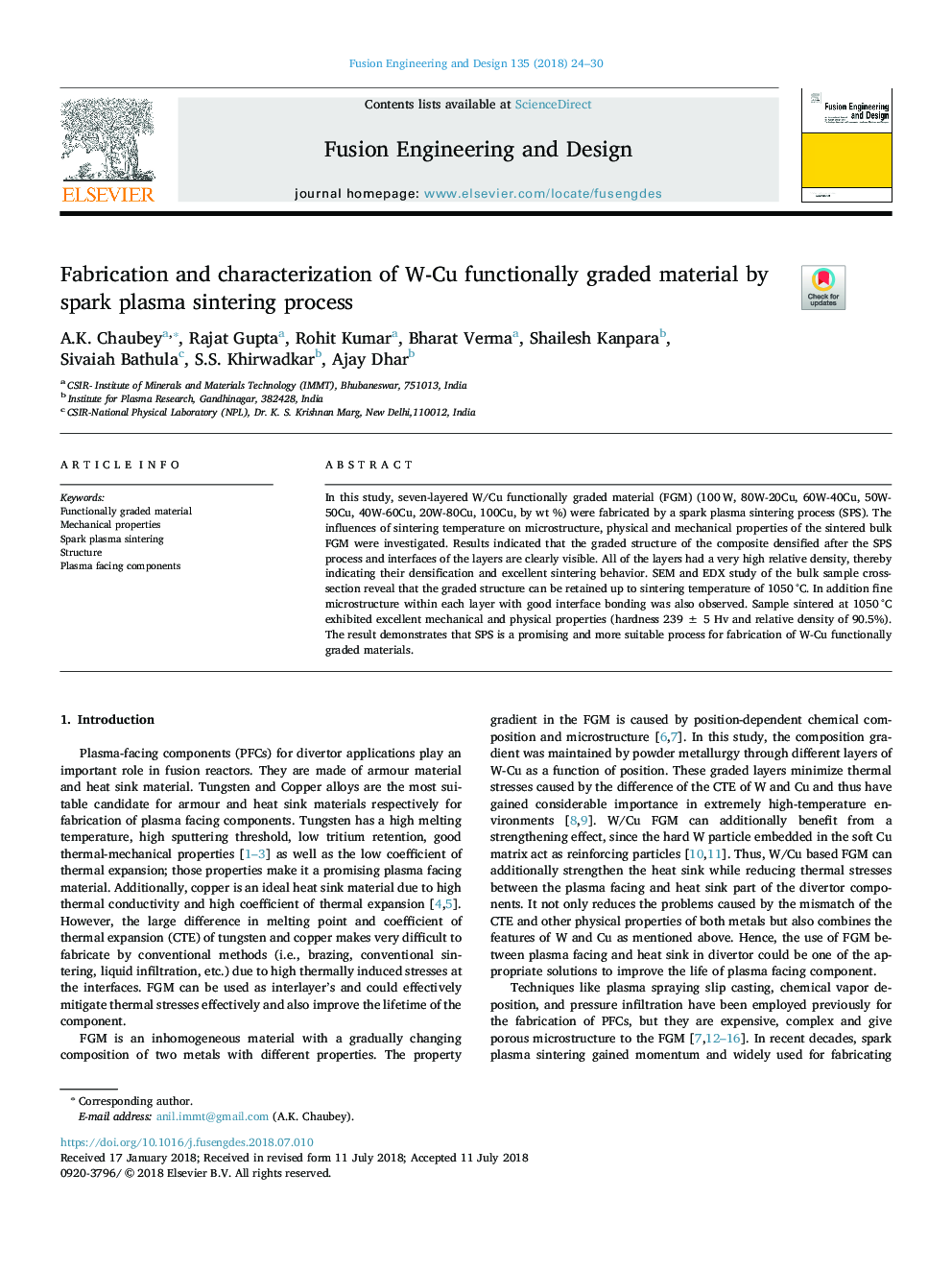 Fabrication and characterization of W-Cu functionally graded material by spark plasma sintering process