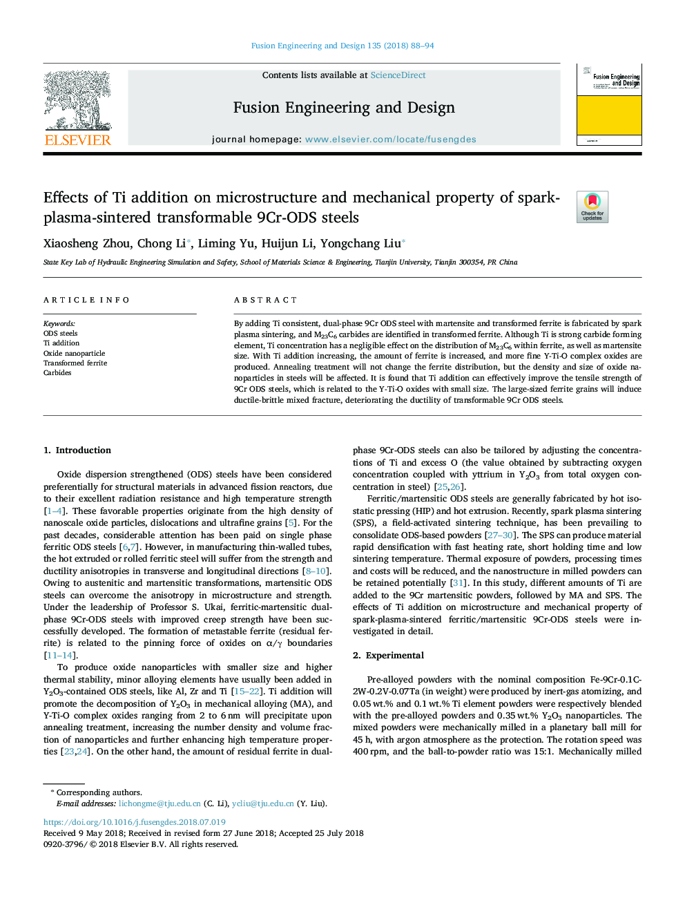 Effects of Ti addition on microstructure and mechanical property of spark-plasma-sintered transformable 9Cr-ODS steels