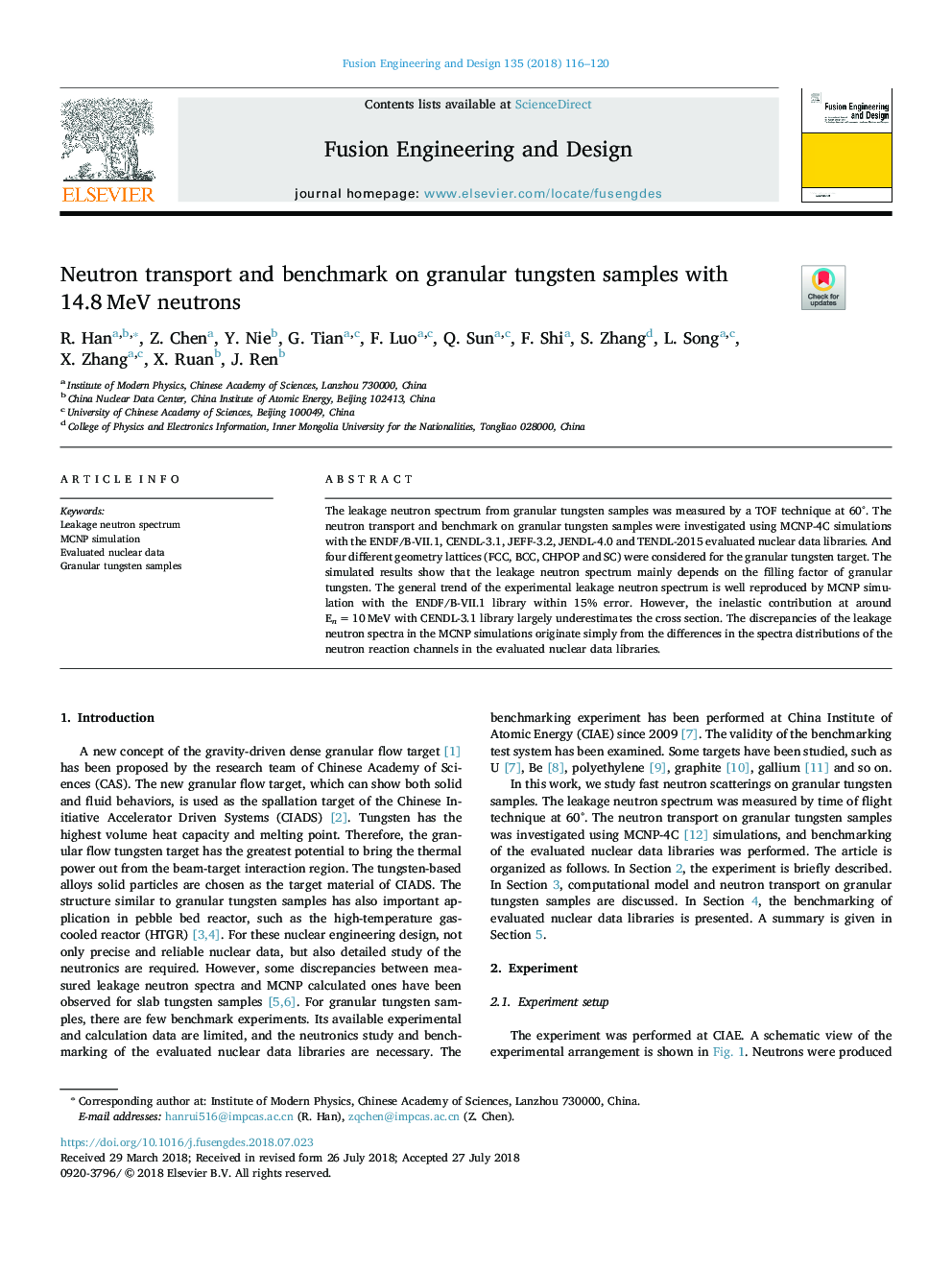 Neutron transport and benchmark on granular tungsten samples with 14.8â¯MeV neutrons