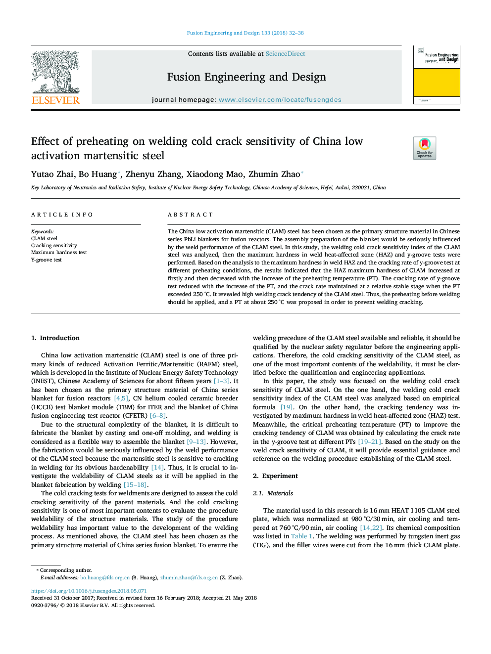 Effect of preheating on welding cold crack sensitivity of China low activation martensitic steel