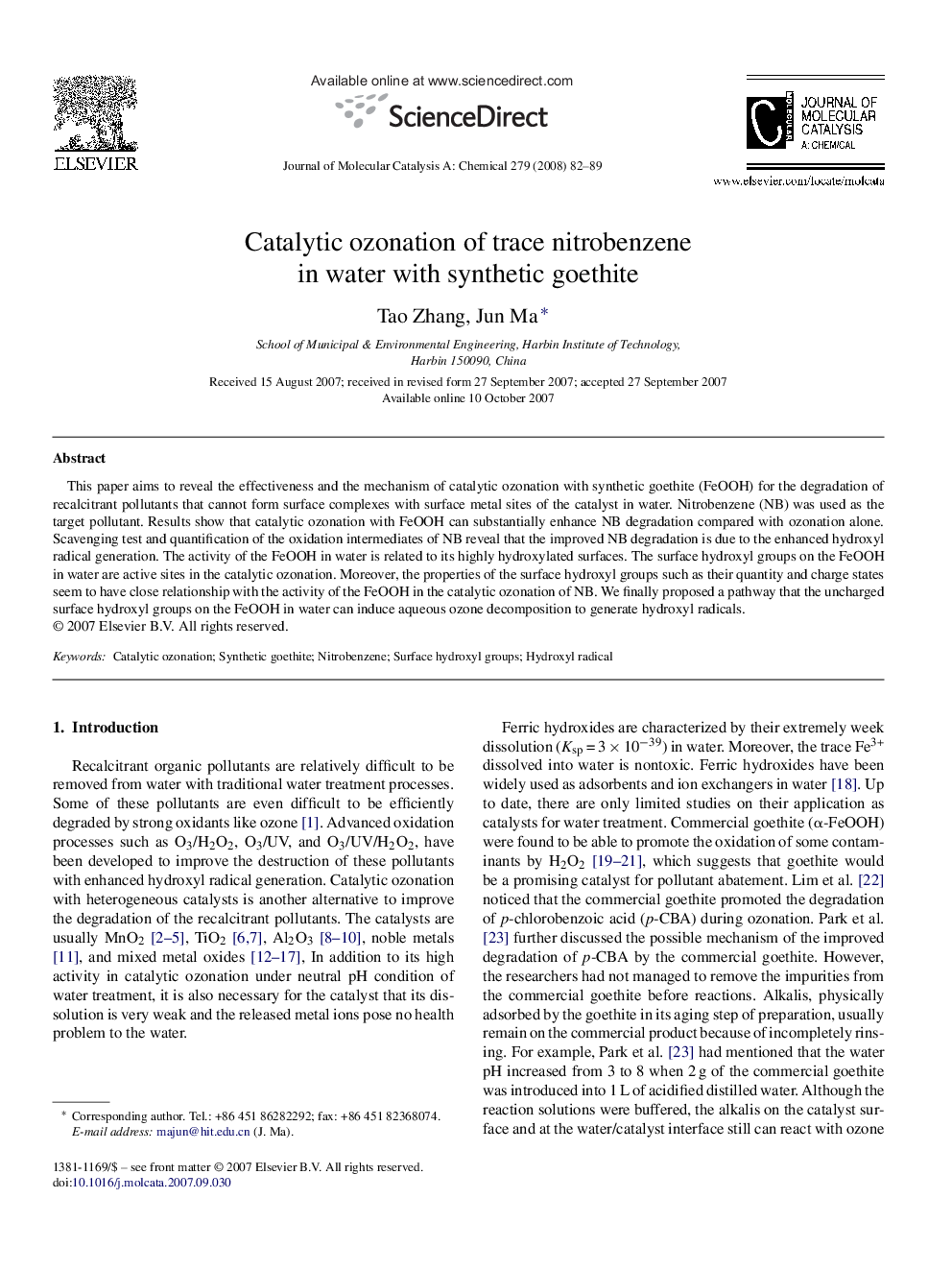 Catalytic ozonation of trace nitrobenzene in water with synthetic goethite