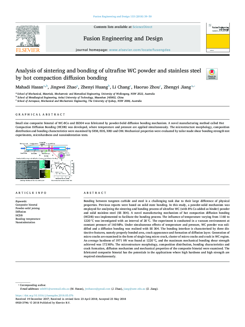 Analysis of sintering and bonding of ultrafine WC powder and stainless steel by hot compaction diffusion bonding
