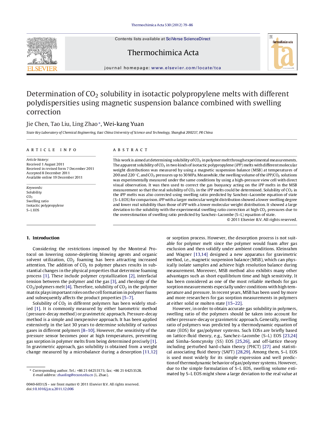 عکس صفحه اول مقاله: Determination of CO2 solubility in isotactic polypropylene melts with different polydispersities using magnetic suspension balance combined with swelling correction Determination of CO2 solubility in isotactic polypropylene melts with different polydispersities using magnetic suspension balance combined with swelling correction