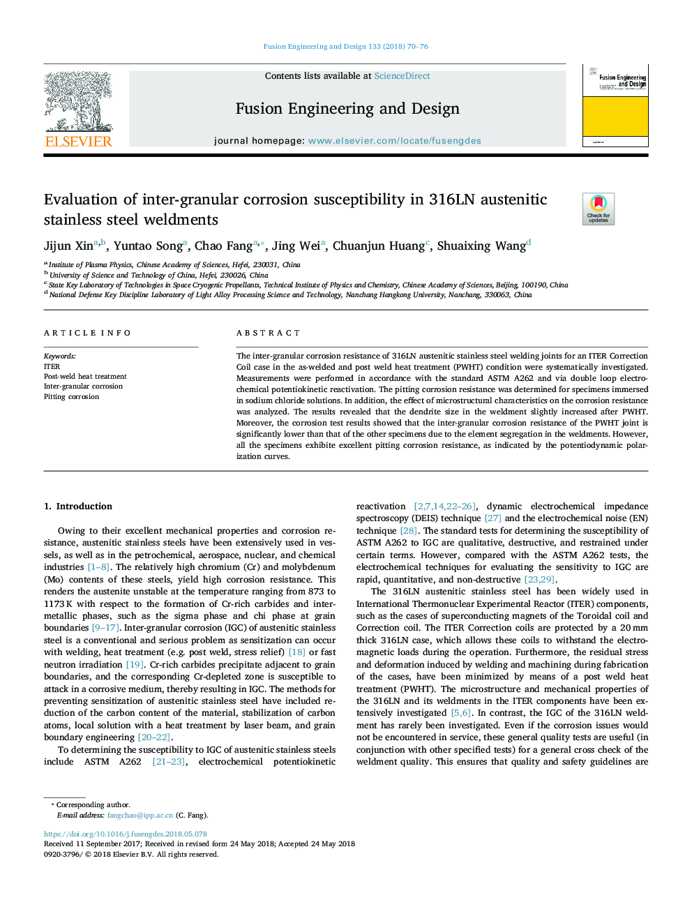 Evaluation of inter-granular corrosion susceptibility in 316LN austenitic stainless steel weldments