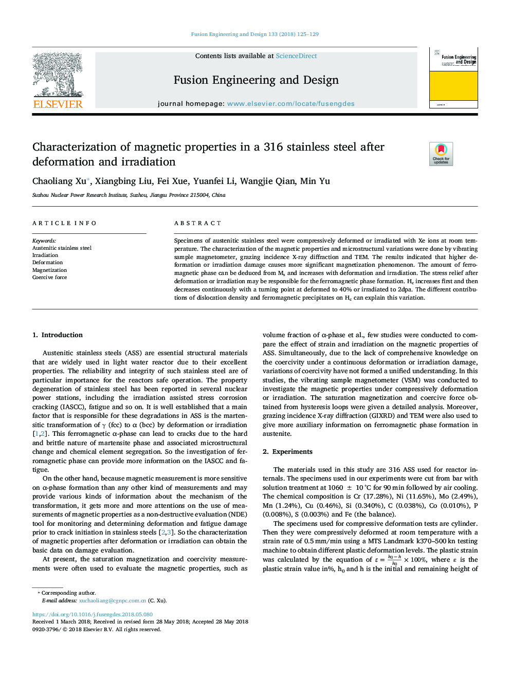 Characterization of magnetic properties in a 316 stainless steel after deformation and irradiation