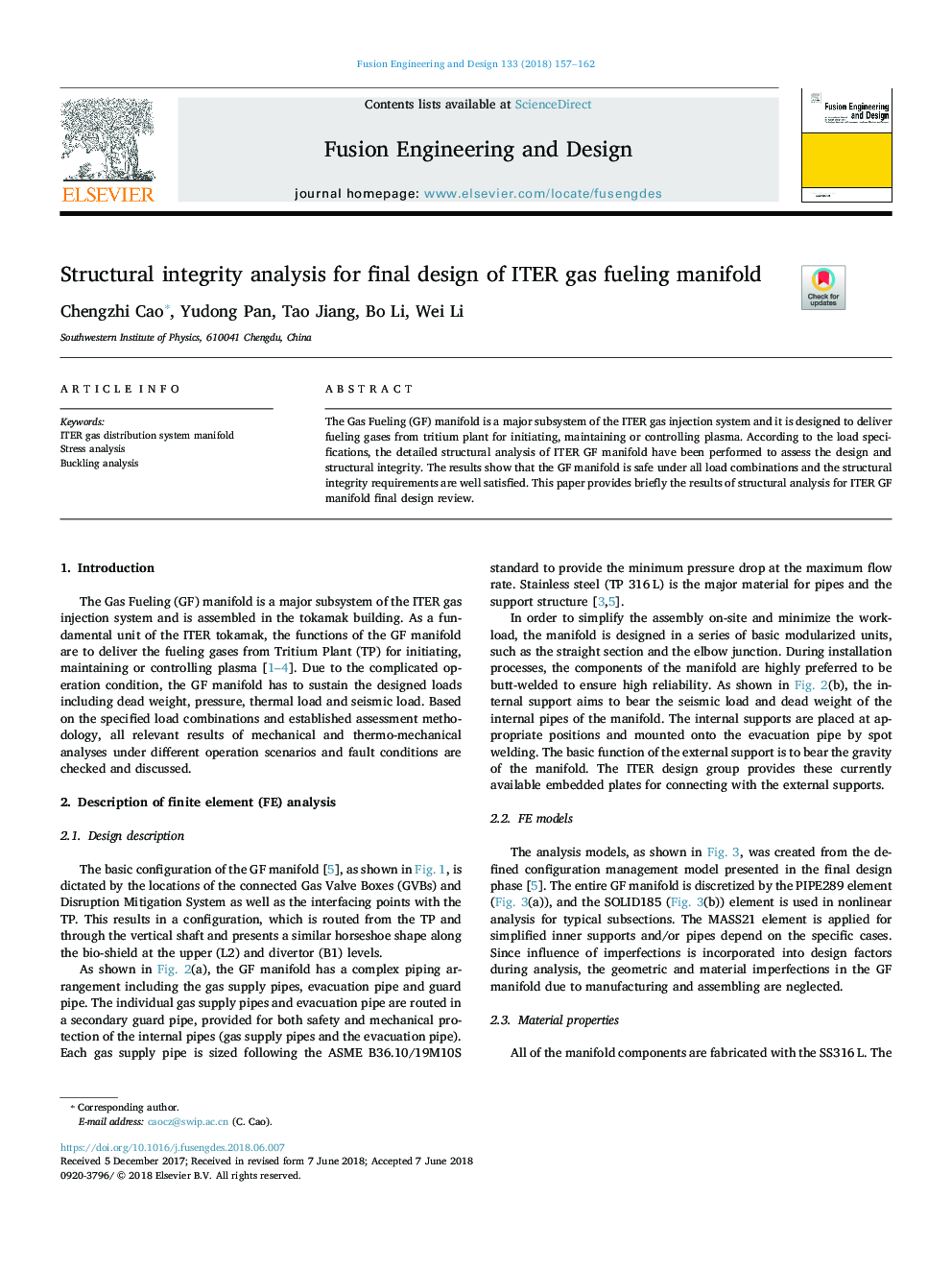 Structural integrity analysis for final design of ITER gas fueling manifold