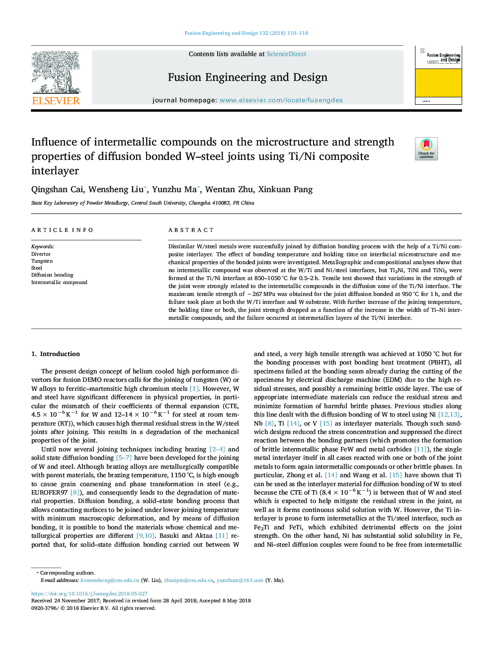 Influence of intermetallic compounds on the microstructure and strength properties of diffusion bonded W-steel joints using Ti/Ni composite interlayer