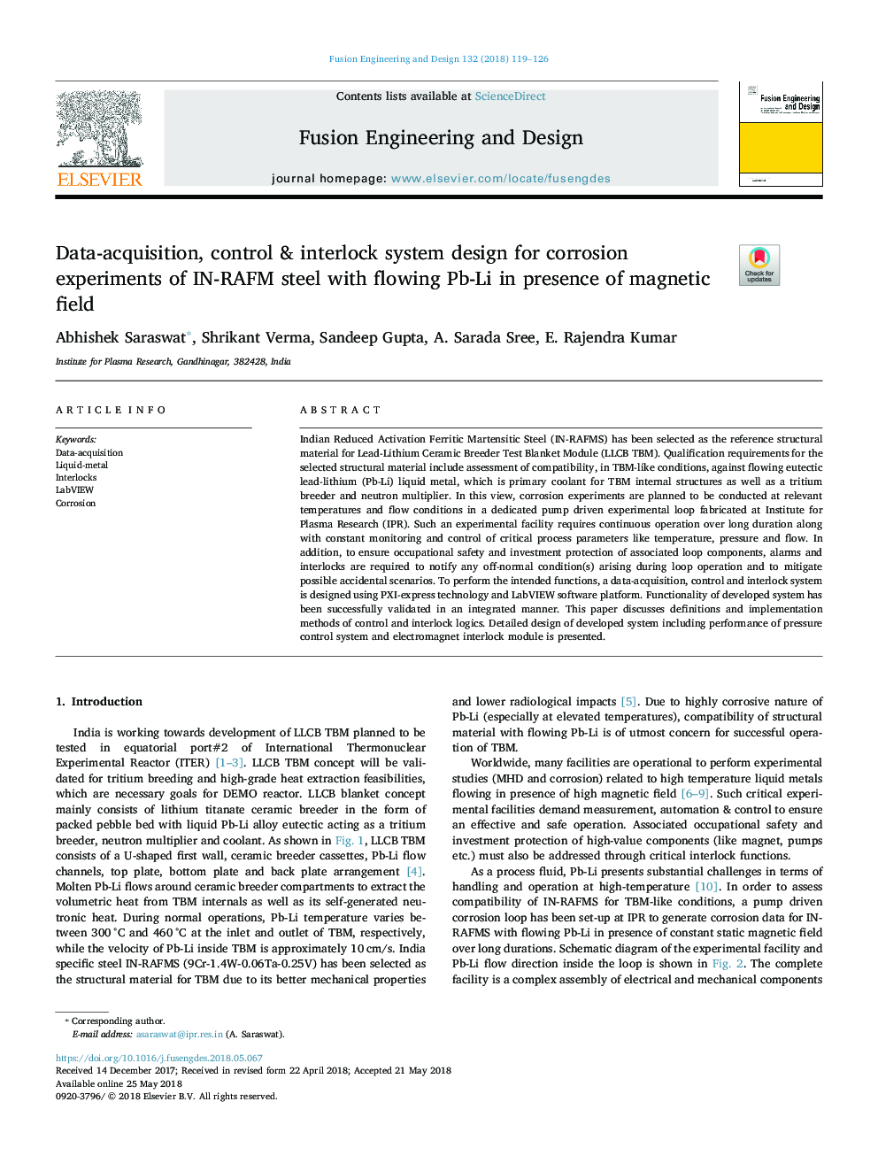 Data-acquisition, control & interlock system design for corrosion experiments of IN-RAFM steel with flowing Pb-Li in presence of magnetic field