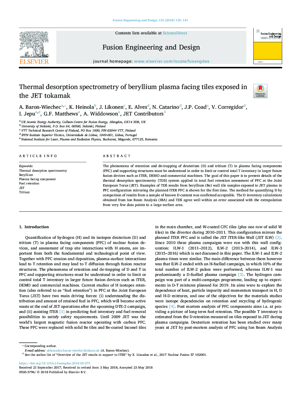 Thermal desorption spectrometry of beryllium plasma facing tiles exposed in the JET tokamak