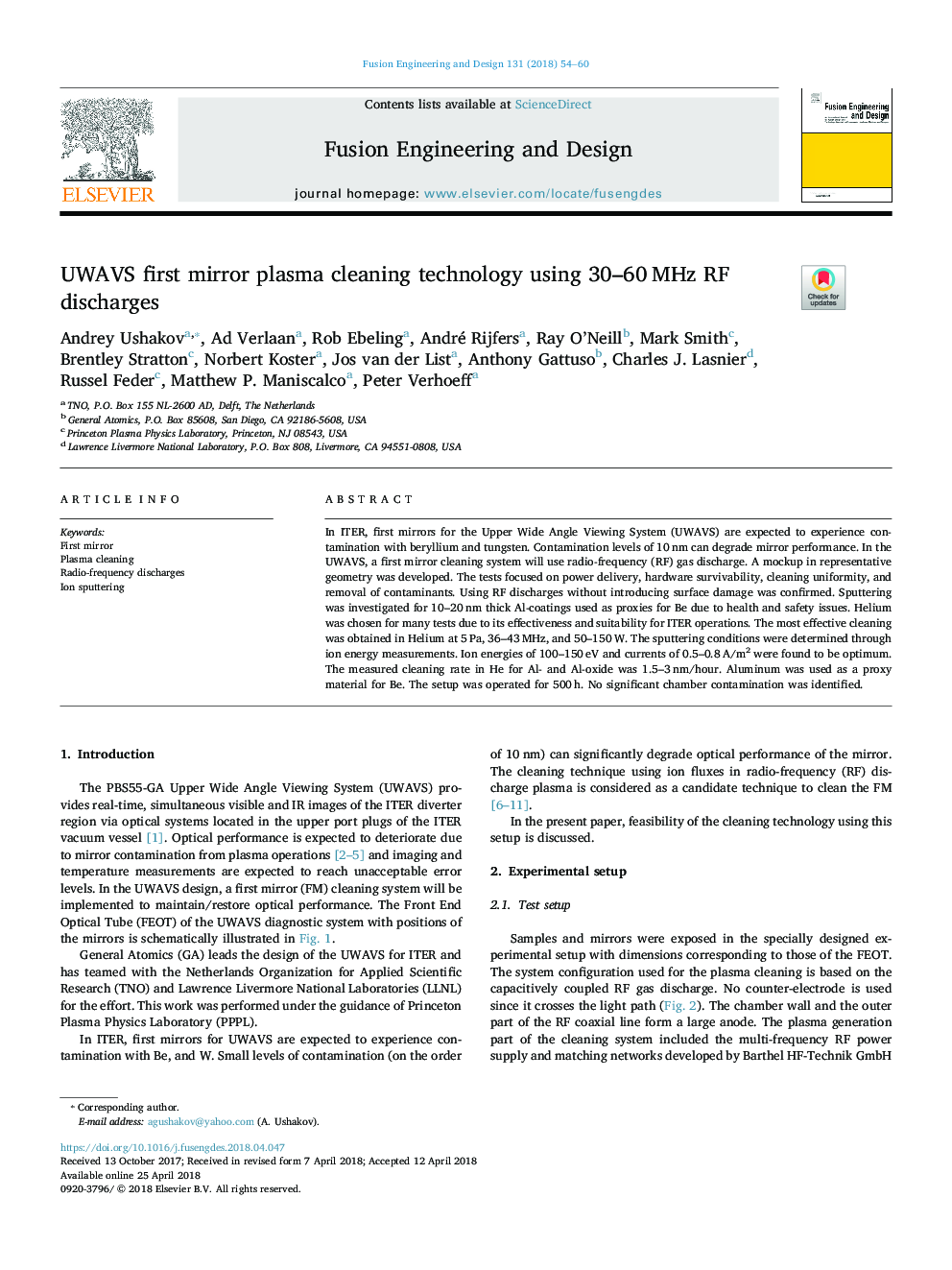 UWAVS first mirror plasma cleaning technology using 30-60â¯MHz RF discharges