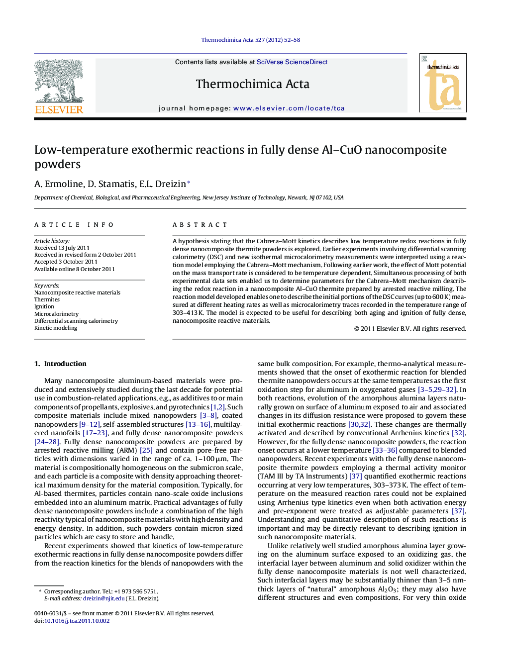 Low-temperature exothermic reactions in fully dense Al–CuO nanocomposite powders