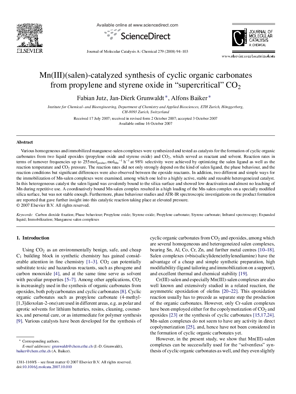 عکس صفحه اول مقاله: Mn(III)(salen)-catalyzed synthesis of cyclic organic carbonates from propylene and styrene oxide in “supercritical” CO2 Mn(III)(salen)-catalyzed synthesis of cyclic organic carbonates from propylene and styrene oxide in “supercritical” CO2