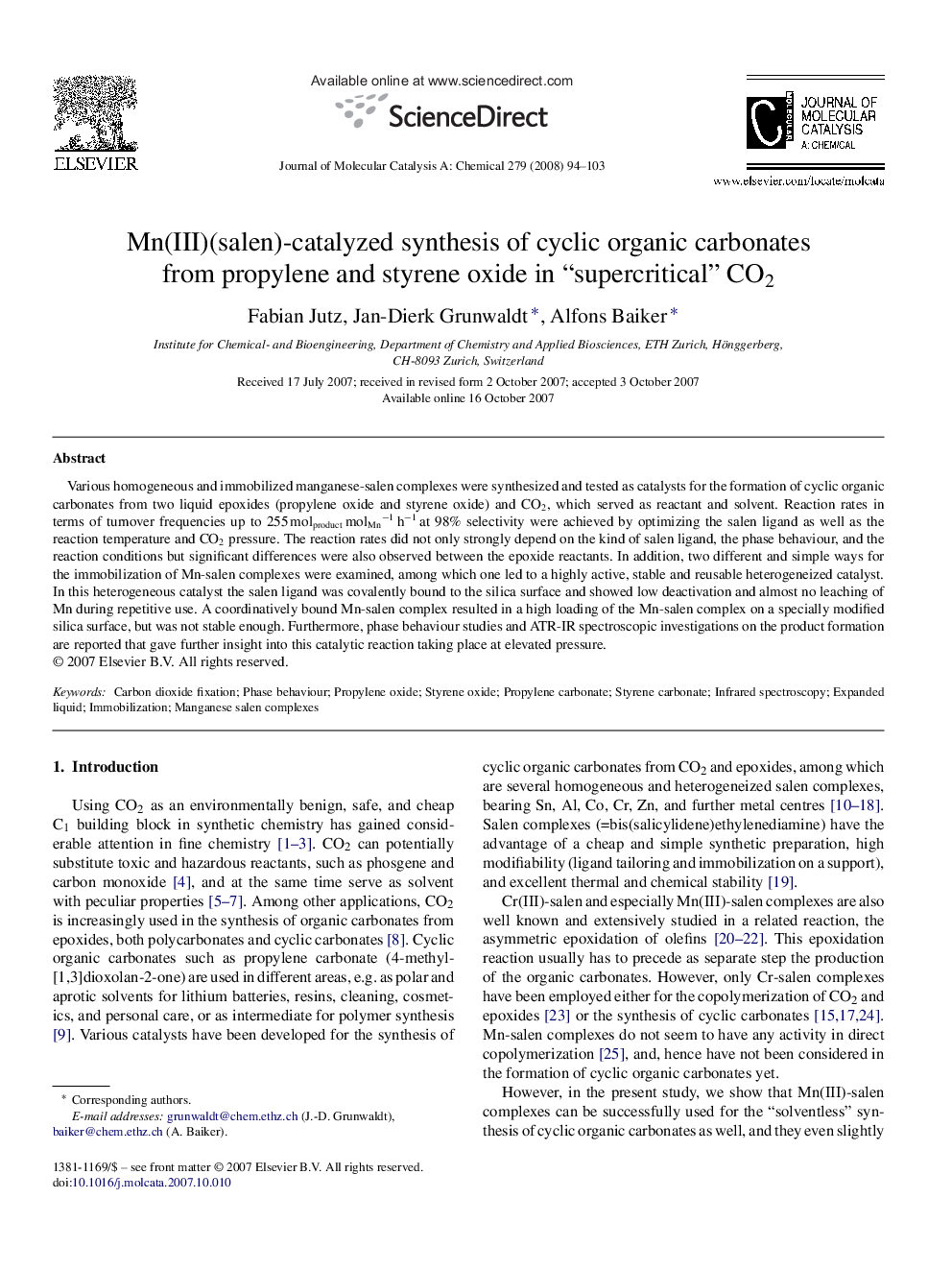 Mn(III)(salen)-catalyzed synthesis of cyclic organic carbonates from propylene and styrene oxide in “supercritical” CO2