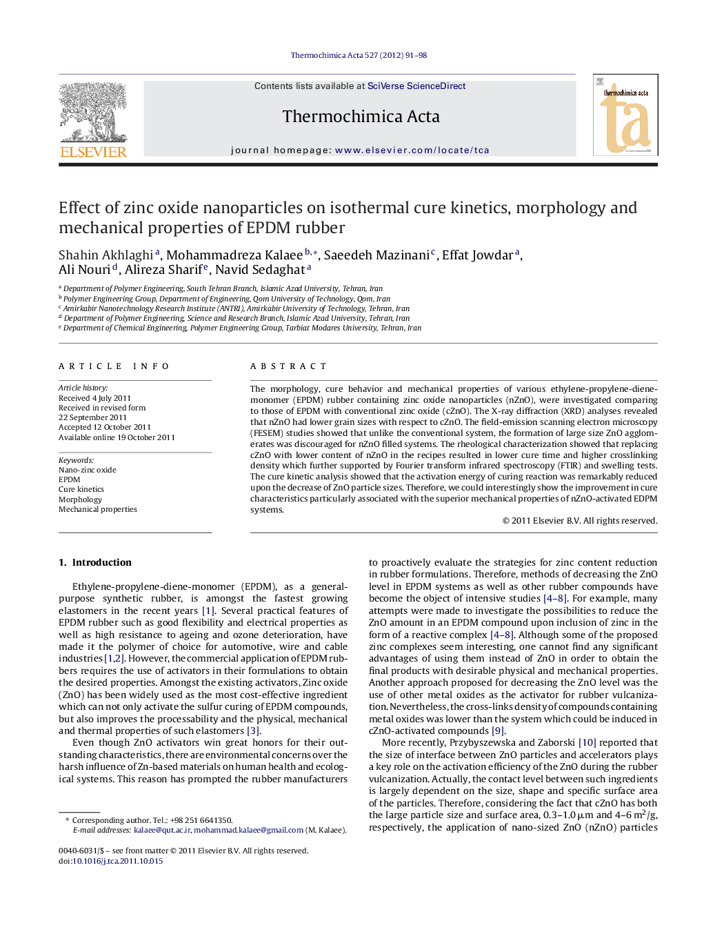 Effect of zinc oxide nanoparticles on isothermal cure kinetics, morphology and mechanical properties of EPDM rubber