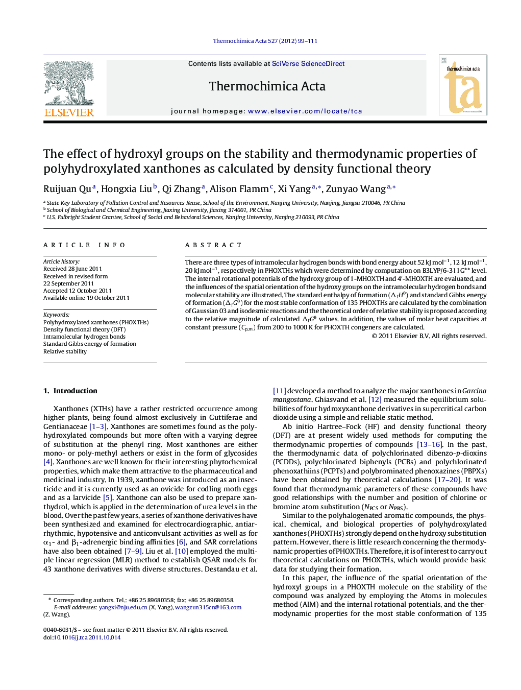 The effect of hydroxyl groups on the stability and thermodynamic properties of polyhydroxylated xanthones as calculated by density functional theory