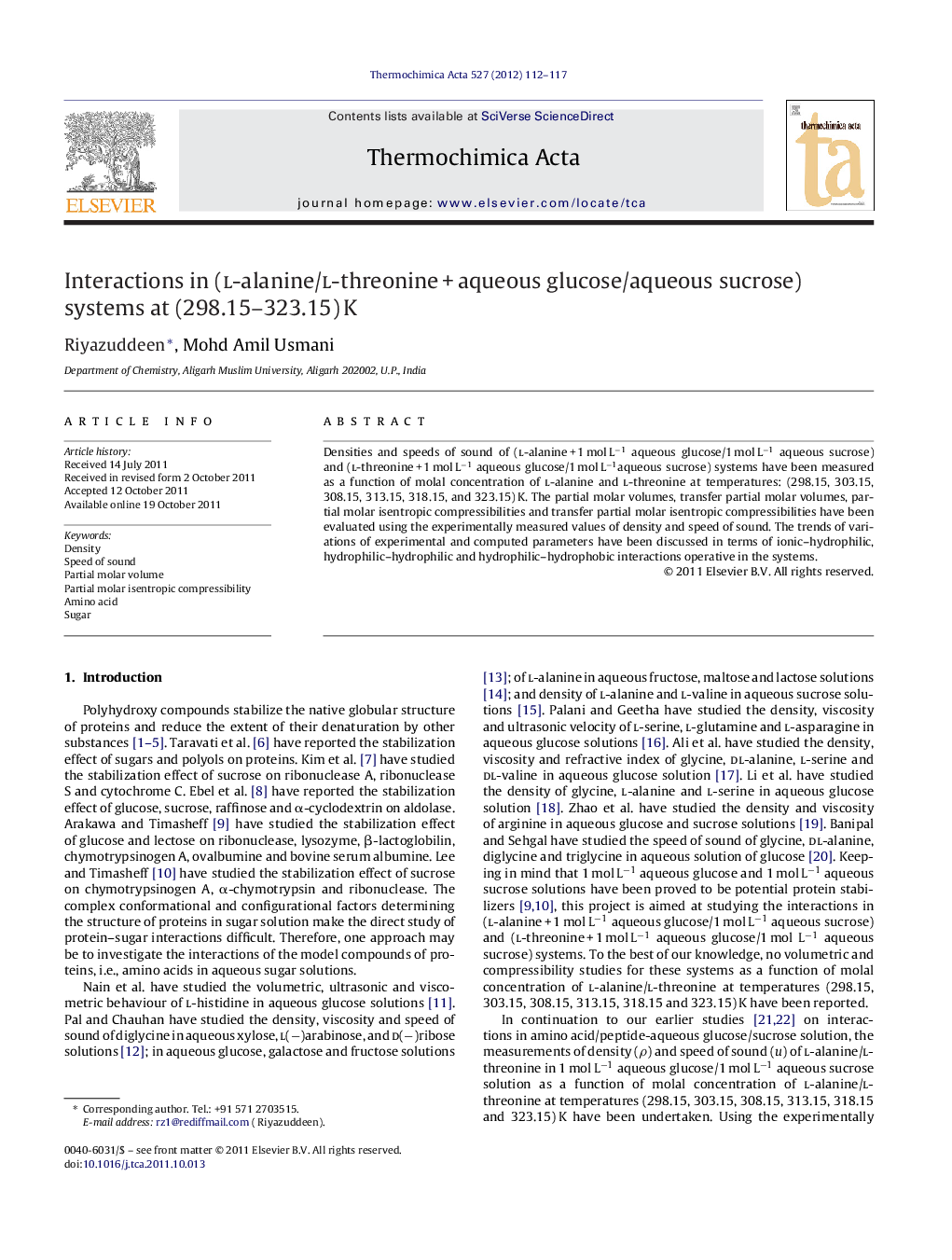 Interactions in (l-alanine/l-threonine + aqueous glucose/aqueous sucrose) systems at (298.15–323.15) K