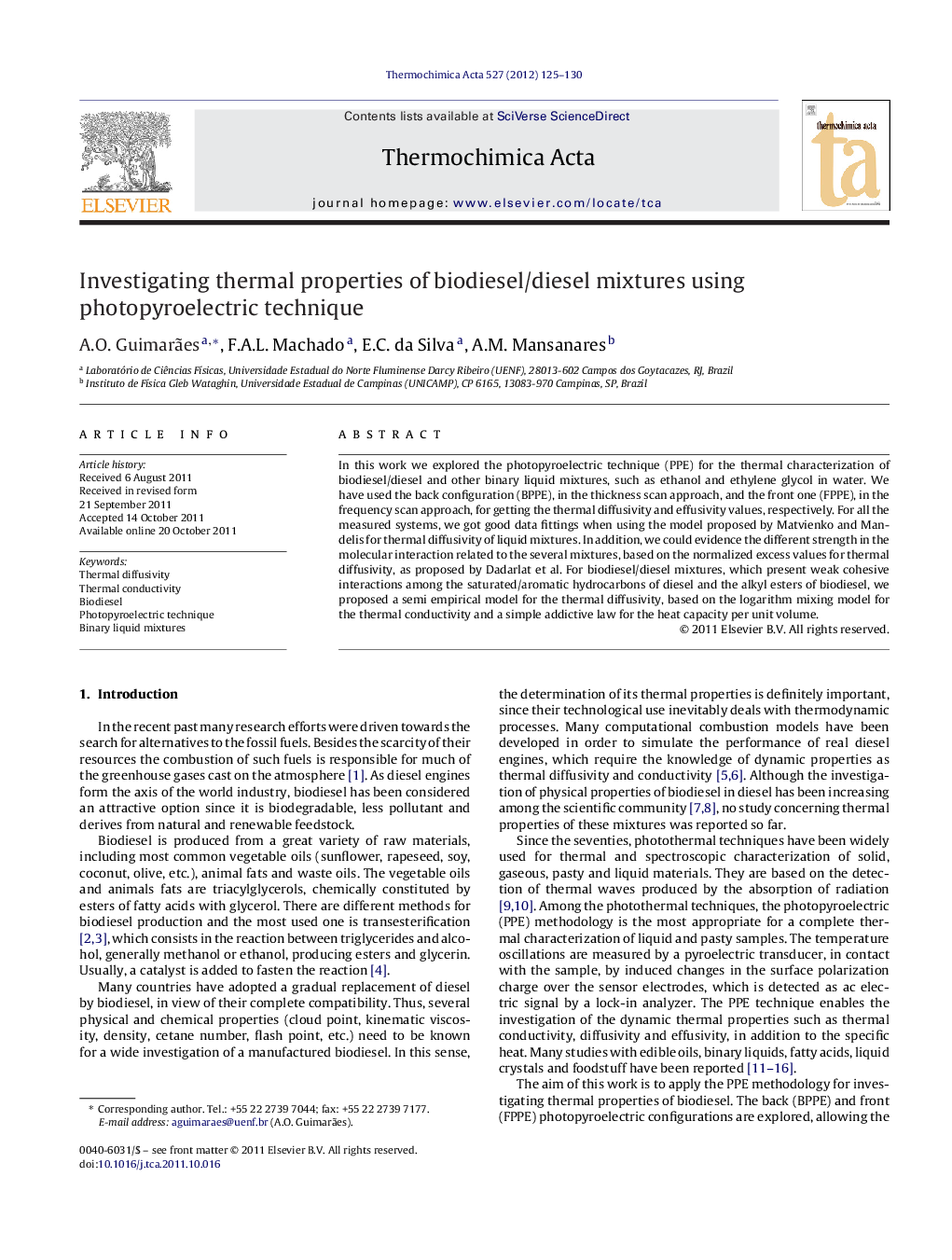 Investigating thermal properties of biodiesel/diesel mixtures using photopyroelectric technique