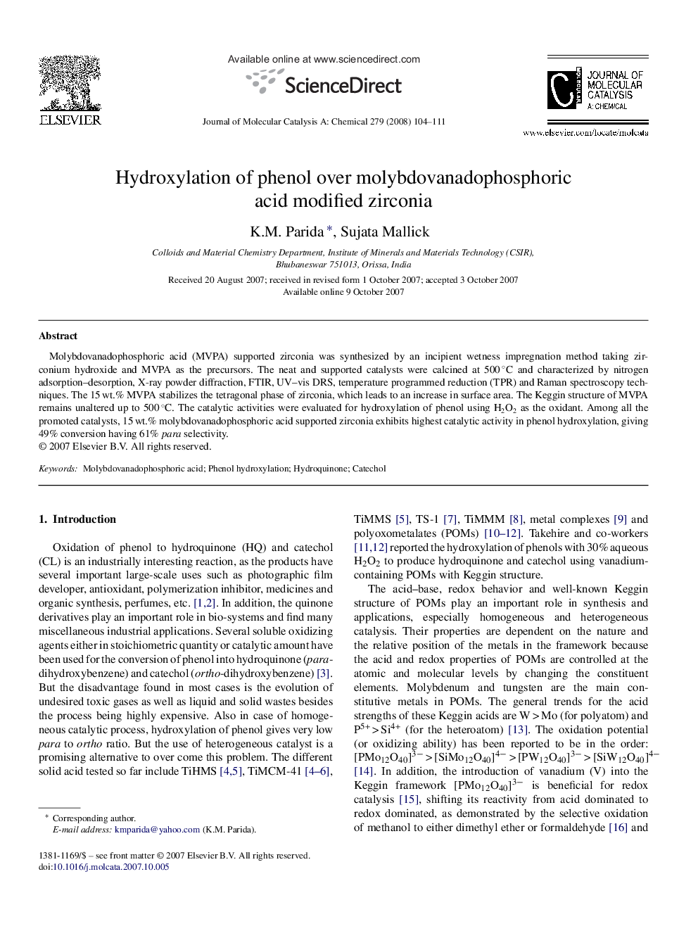 Hydroxylation of phenol over molybdovanadophosphoric acid modified zirconia