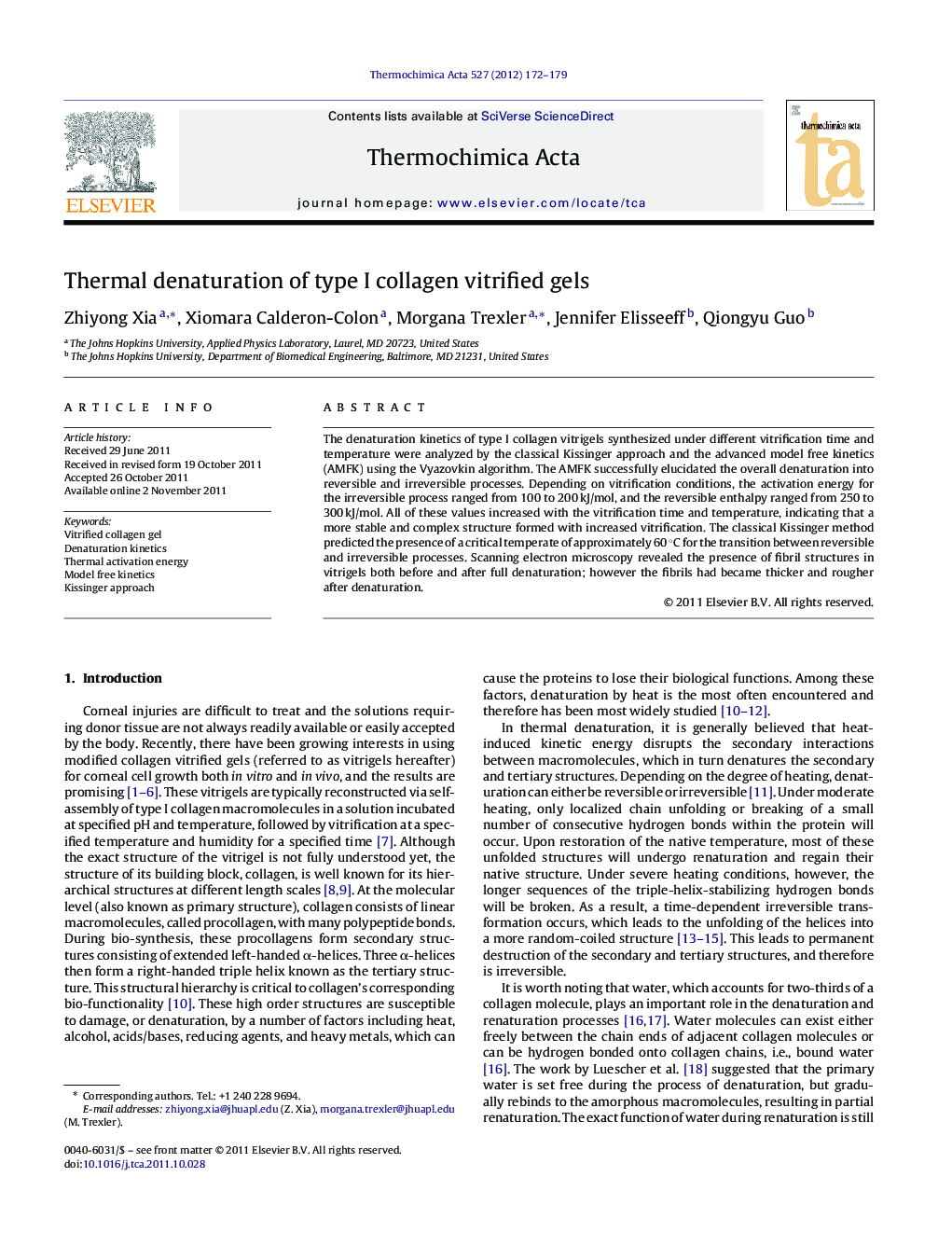 Thermal denaturation of type I collagen vitrified gels