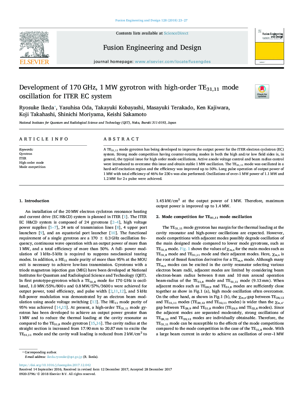 Development of 170â¯GHz, 1â¯MW gyrotron with high-order TE31,11 mode oscillation for ITER EC system