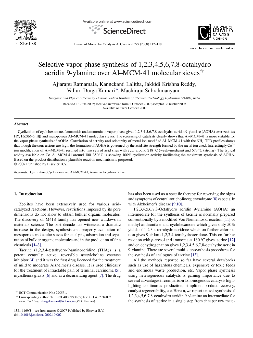 Selective vapor phase synthesis of 1,2,3,4,5,6,7,8-octahydro acridin 9-ylamine over Al–MCM-41 molecular sieves 