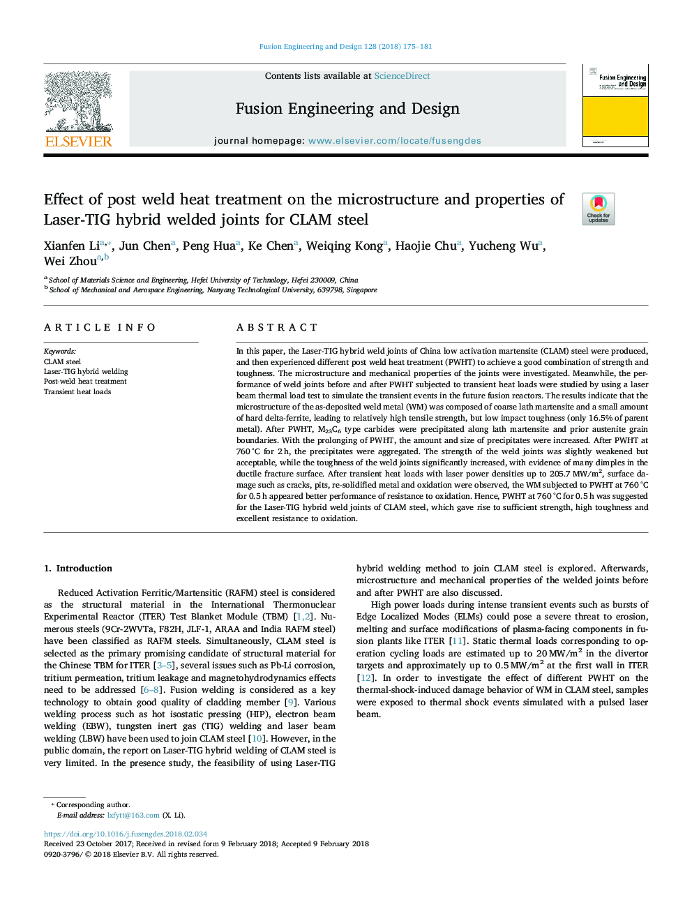 Effect of post weld heat treatment on the microstructure and properties of Laser-TIG hybrid welded joints for CLAM steel