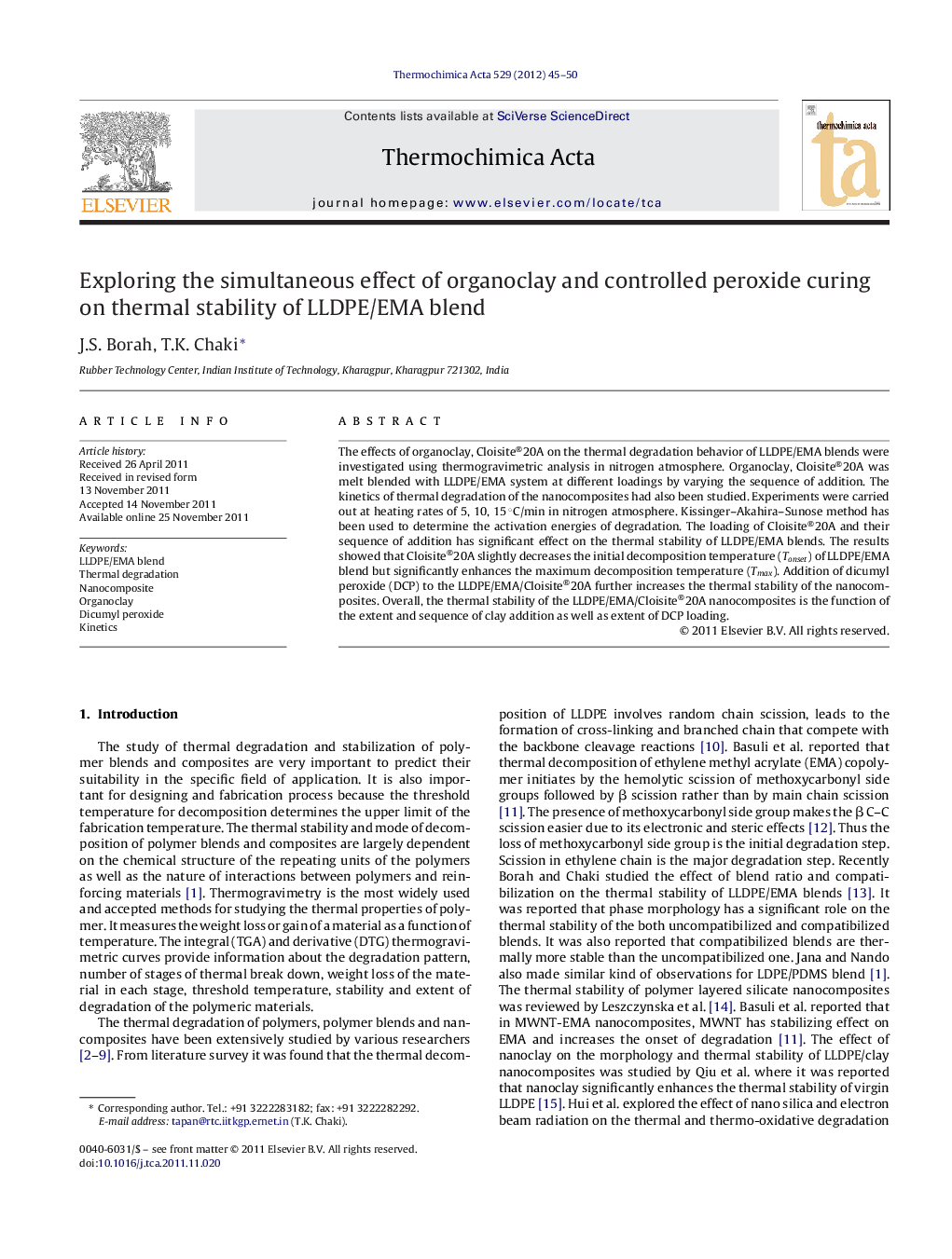 Exploring the simultaneous effect of organoclay and controlled peroxide curing on thermal stability of LLDPE/EMA blend