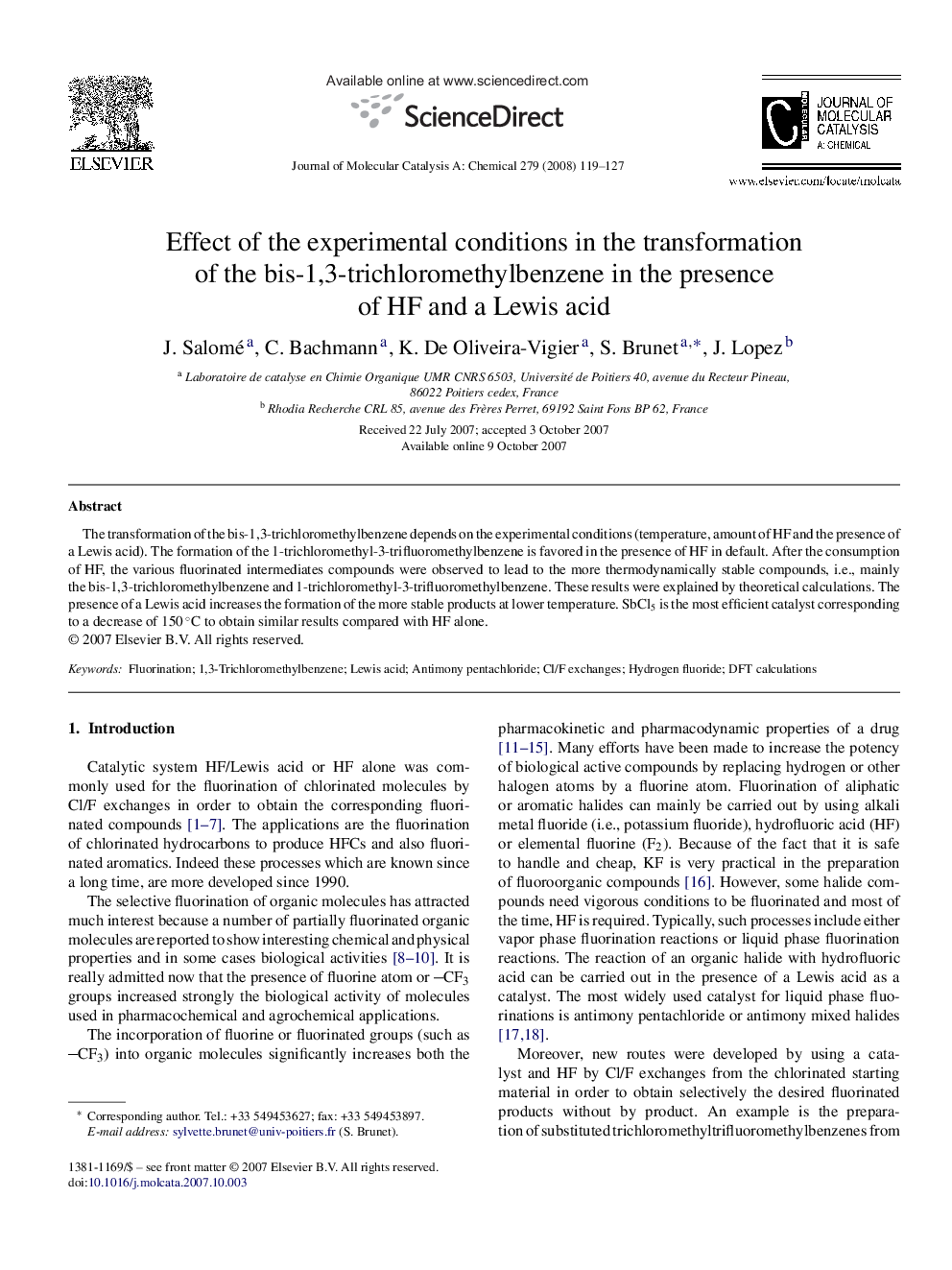 Effect of the experimental conditions in the transformation of the bis-1,3-trichloromethylbenzene in the presence of HF and a Lewis acid