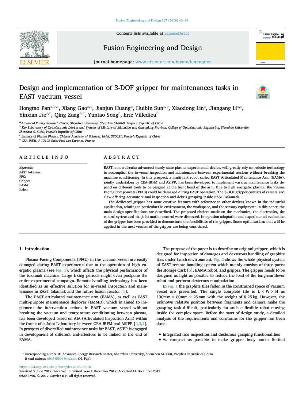 Design and implementation of 3-DOF gripper for maintenances tasks in EAST vacuum vessel