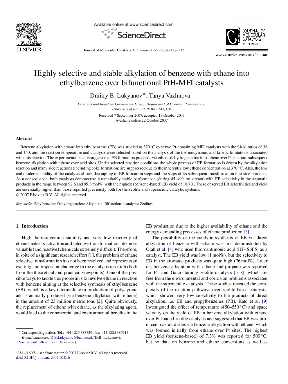 Highly selective and stable alkylation of benzene with ethane into ethylbenzene over bifunctional PtH-MFI catalysts