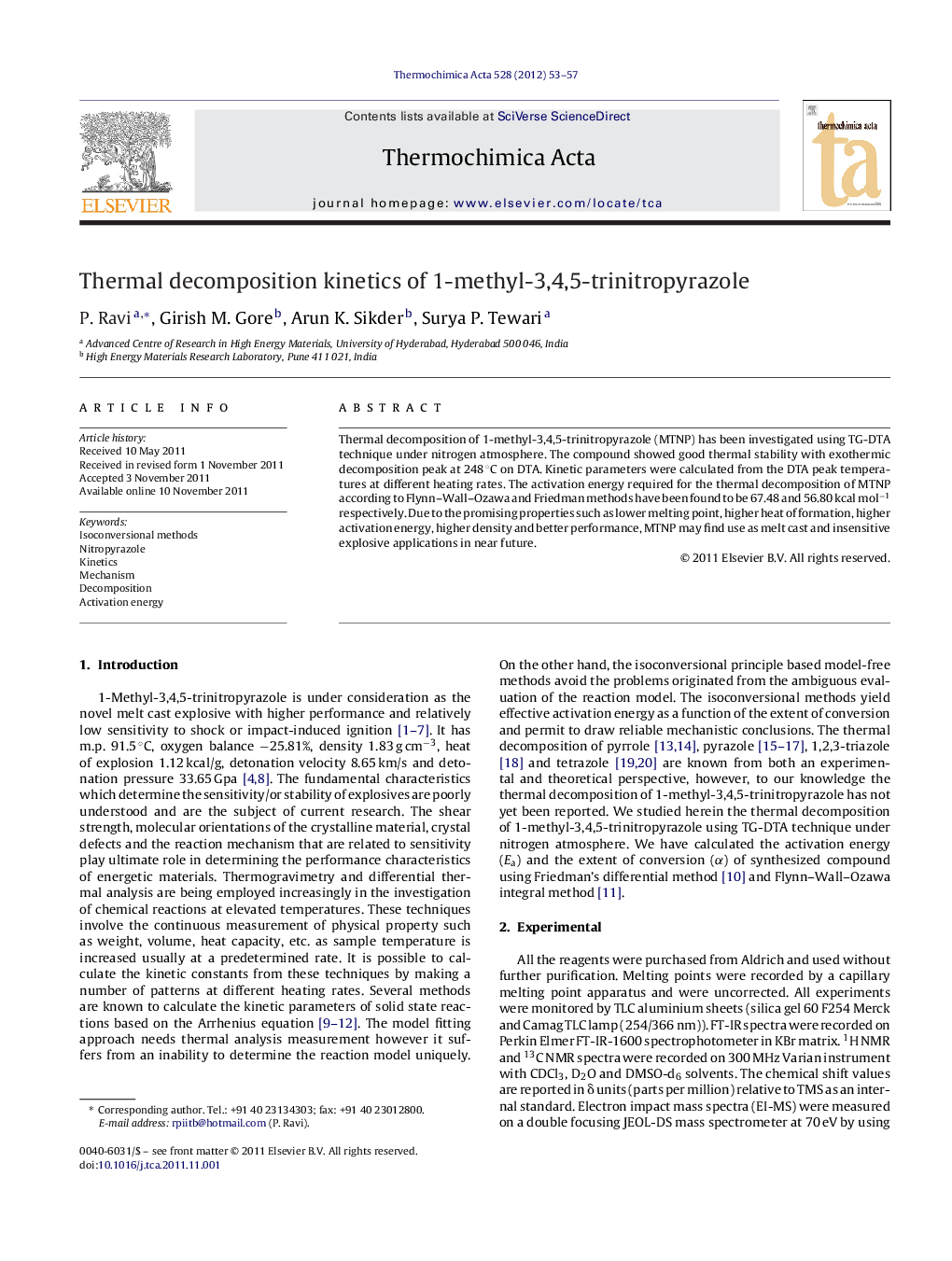 Thermal decomposition kinetics of 1-methyl-3,4,5-trinitropyrazole