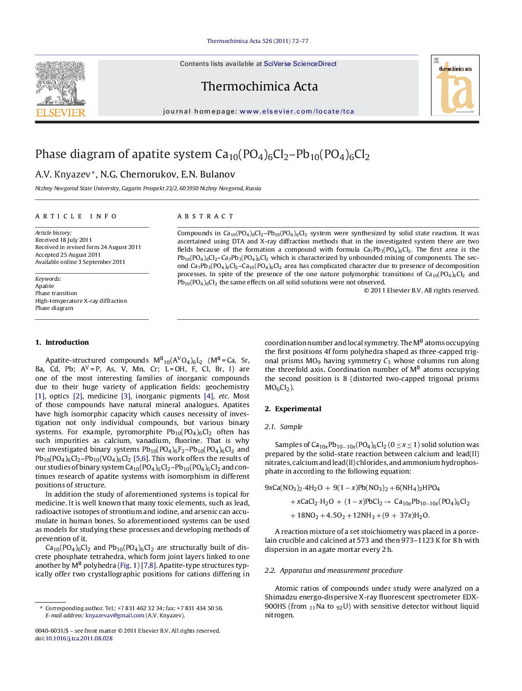 Phase diagram of apatite system Ca10(PO4)6Cl2–Pb10(PO4)6Cl2