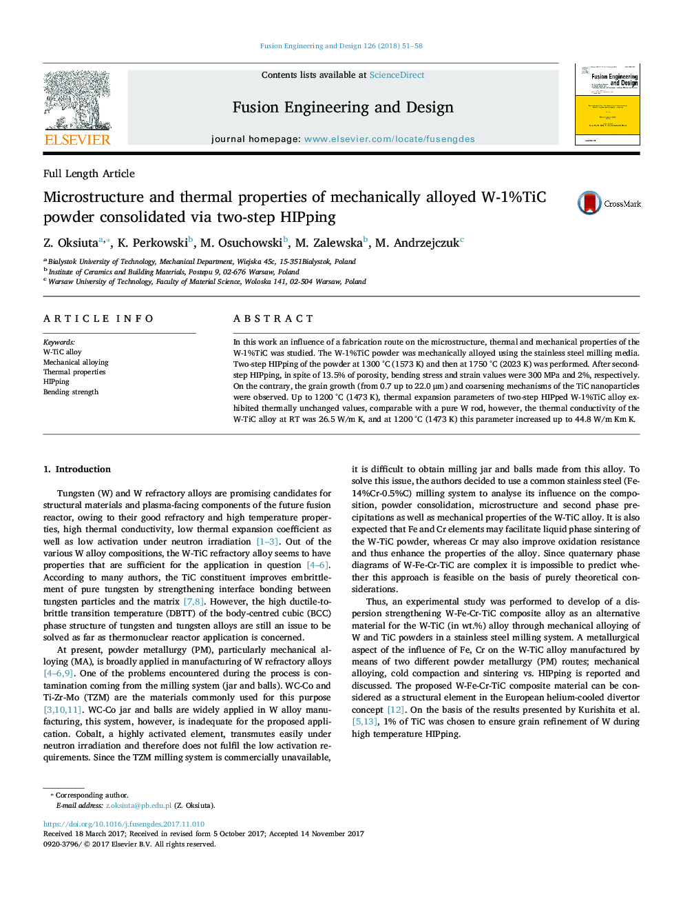 Microstructure and thermal properties of mechanically alloyed W-1%TiC powder consolidated via two-step HIPping