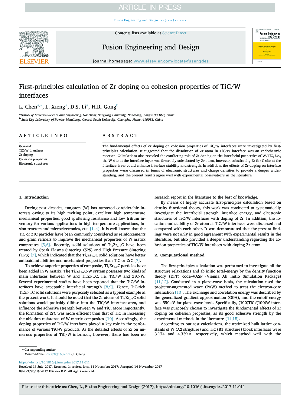 First-principles calculation of Zr doping on cohesion properties of TiC/W interfaces