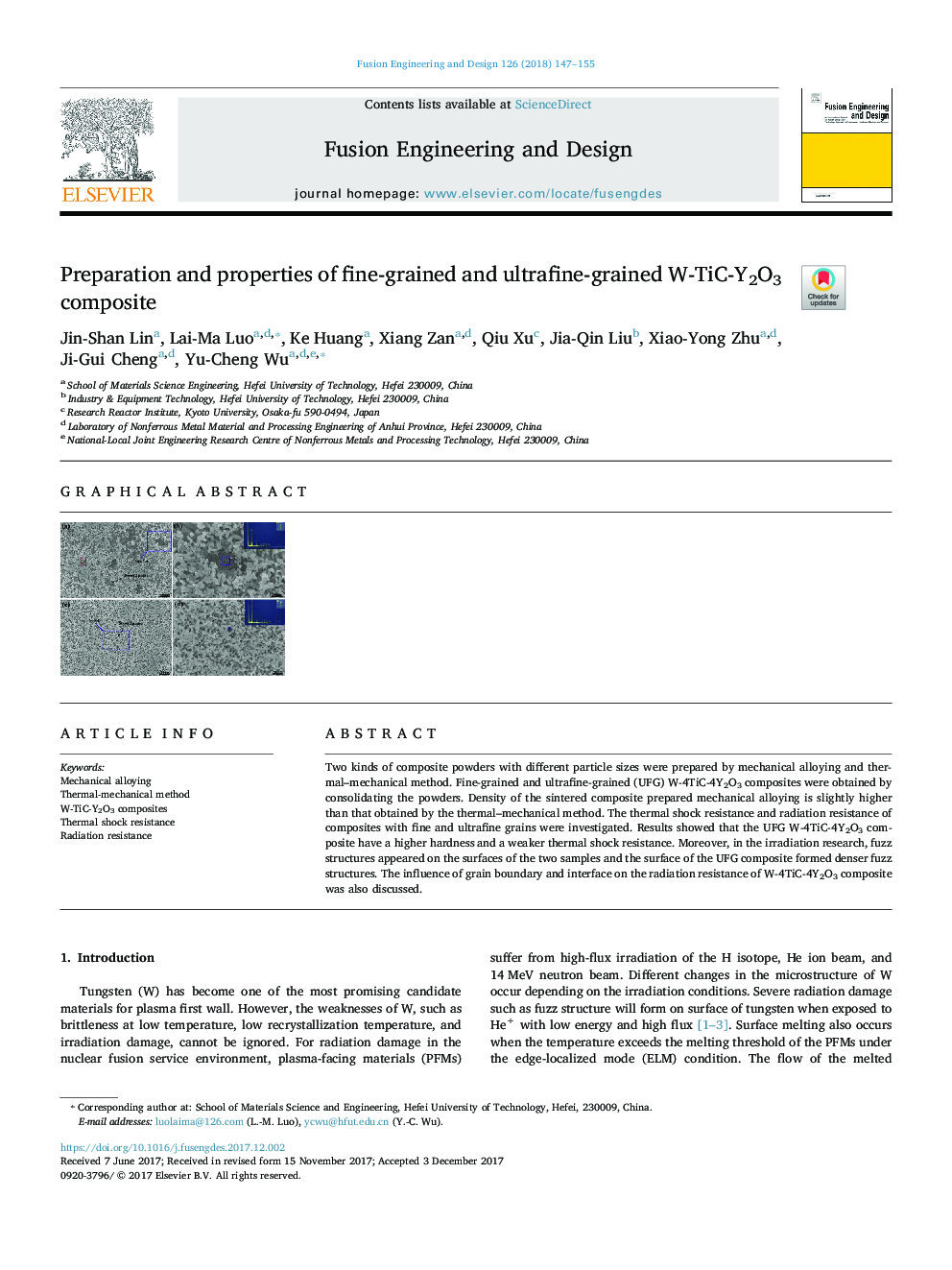 Preparation and properties of fine-grained and ultrafine-grained W-TiC-Y2O3 composite