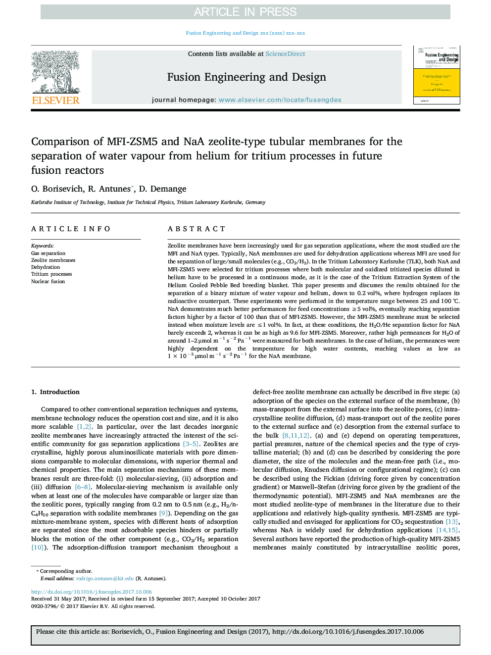 Comparison of MFI-ZSM5 and NaA zeolite-type tubular membranes for the separation of water vapour from helium for tritium processes in future fusion reactors