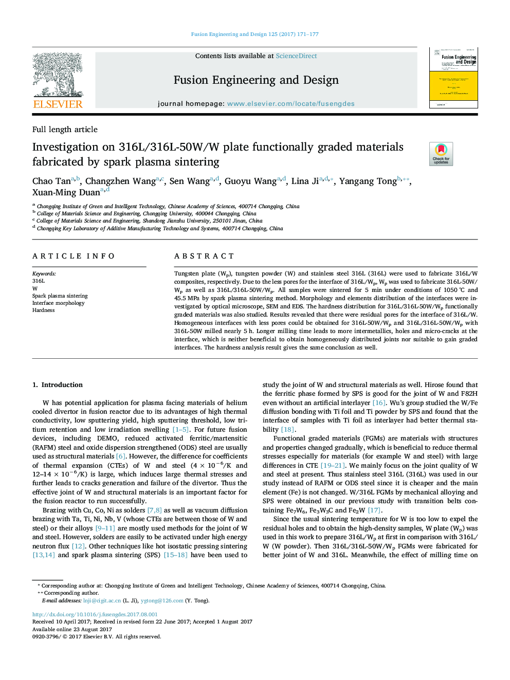 Investigation on 316L/316L-50W/W plate functionally graded materials fabricated by spark plasma sintering