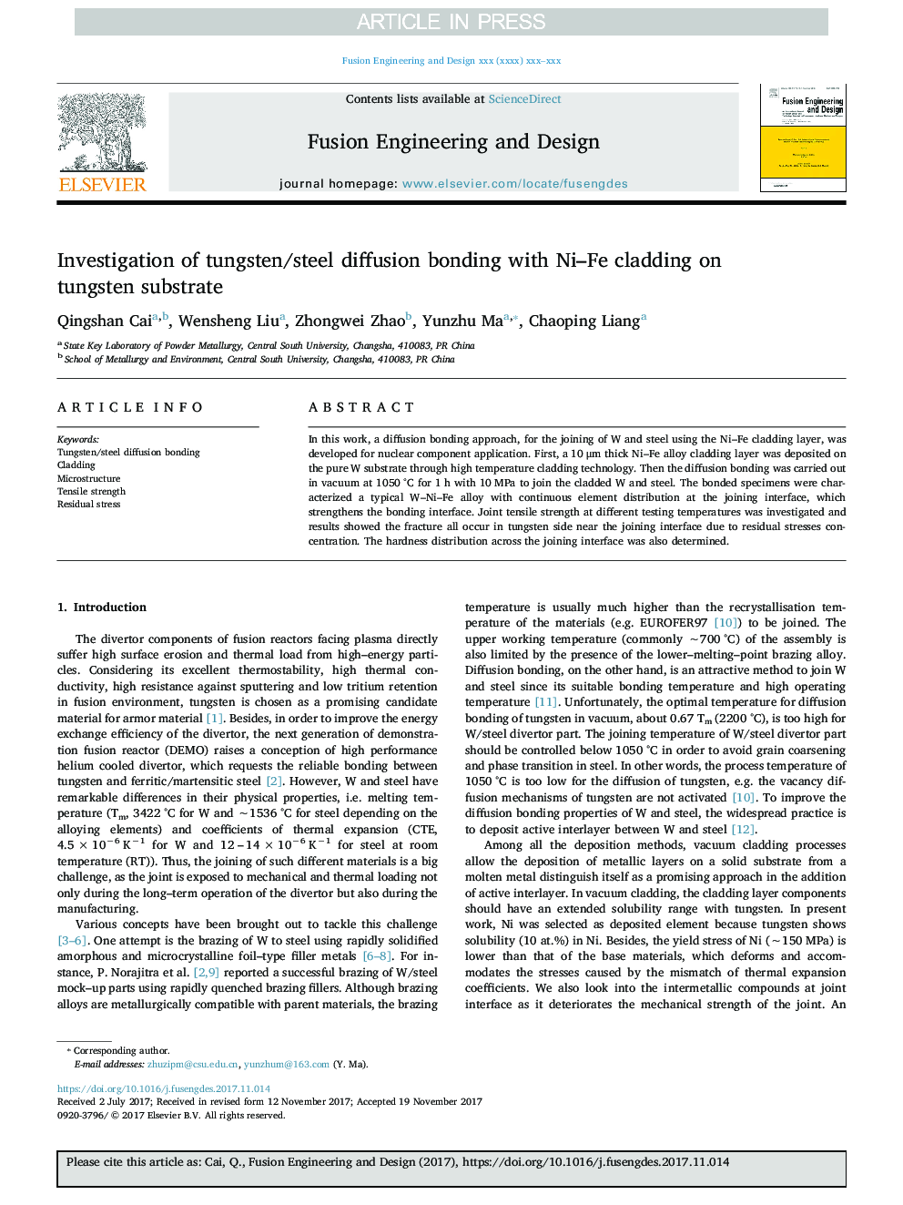 Investigation of tungsten/steel diffusion bonding with Ni-Fe cladding on tungsten substrate