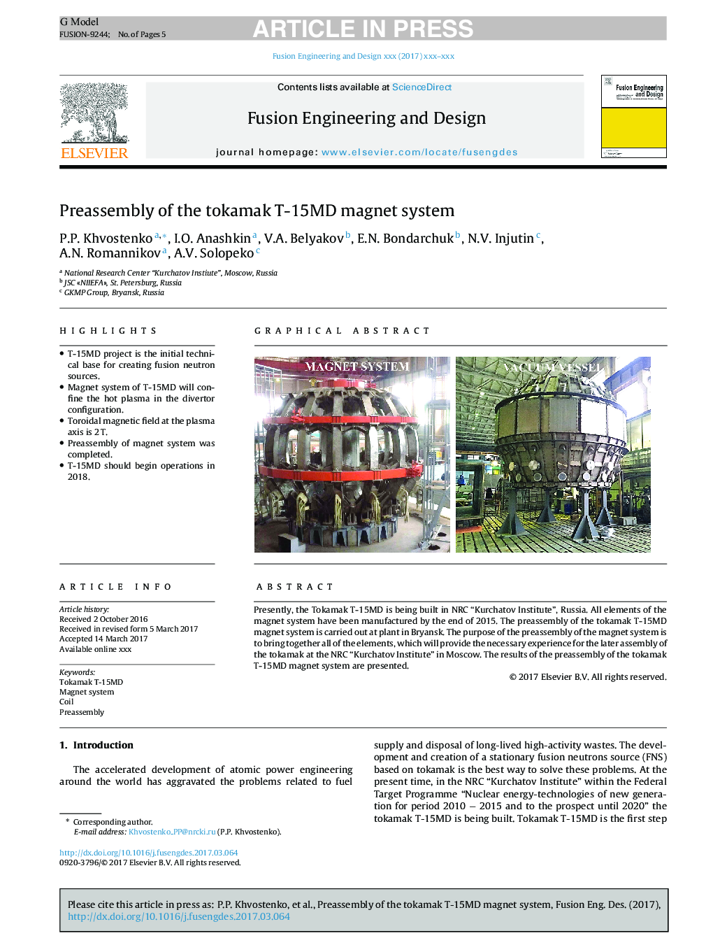 Preassembly of the tokamak T-15MD magnet system