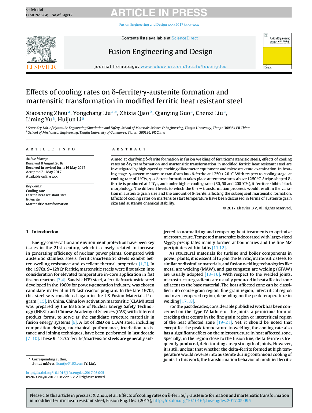 Effects of cooling rates on Î´-ferrite/Î³-austenite formation and martensitic transformation in modified ferritic heat resistant steel