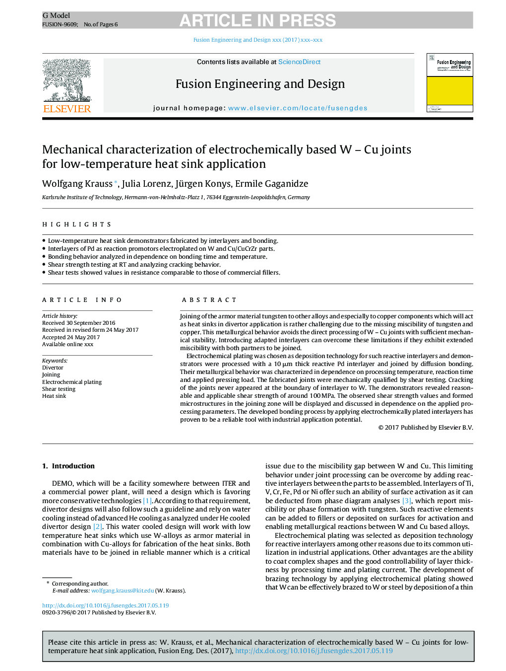 Mechanical characterization of electrochemically based W - Cu joints for low-temperature heat sink application