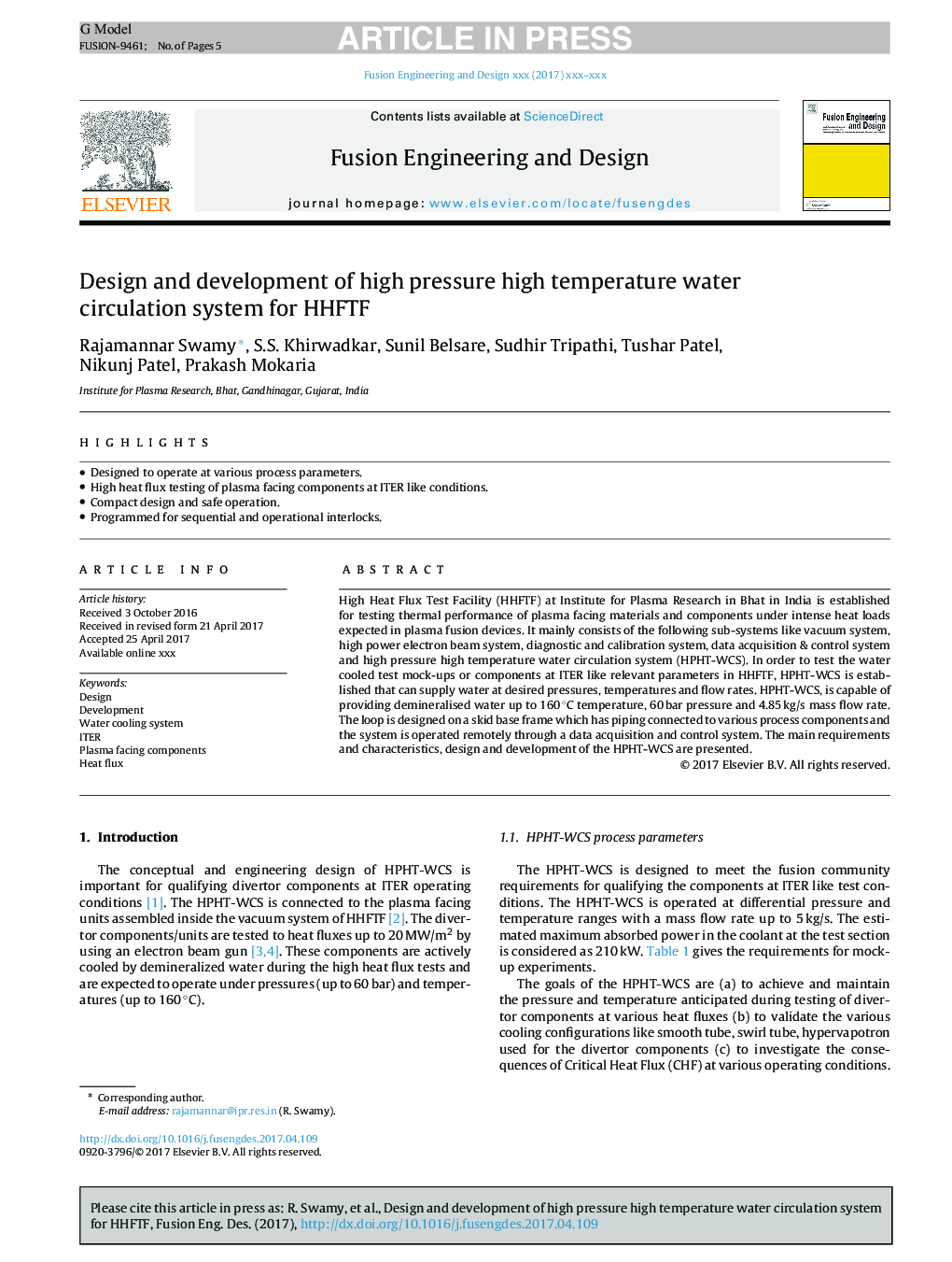 Design and development of high pressure high temperature water circulation system for HHFTF