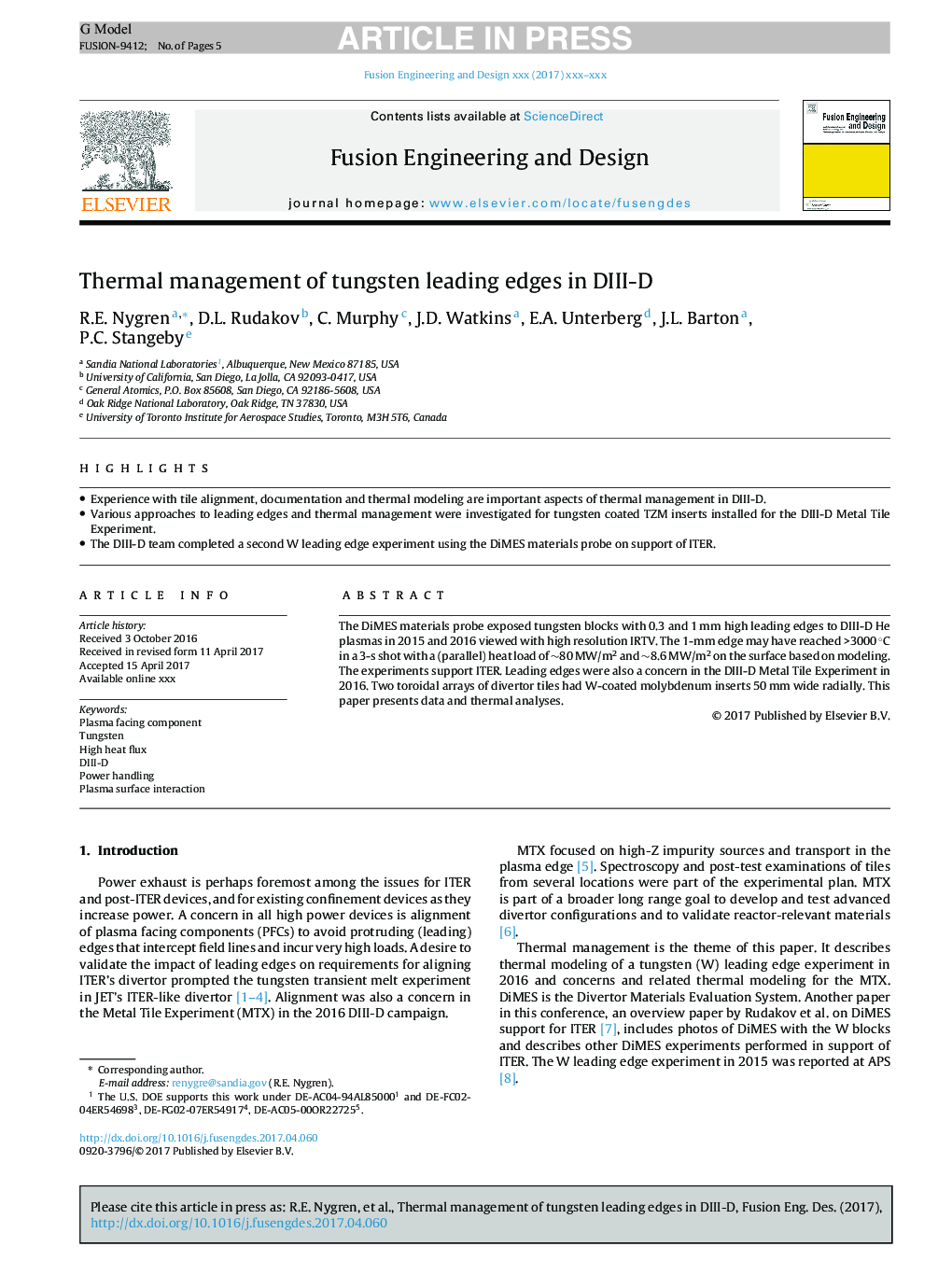 Thermal management of tungsten leading edges in DIII-D