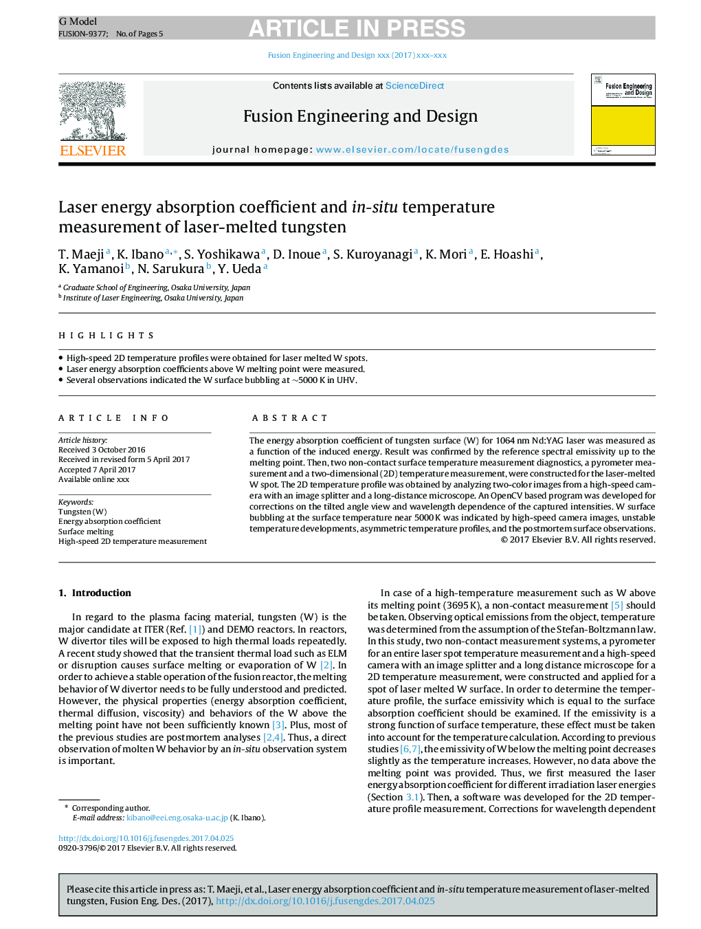 Laser energy absorption coefficient and in-situ temperature measurement of laser-melted tungsten